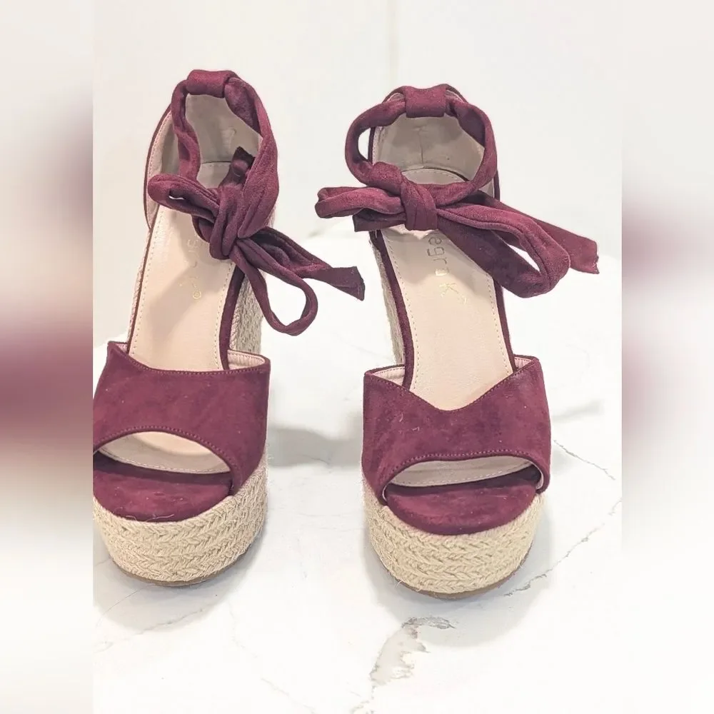 Alegra K High Heel Espadrilles Platform Strapy Tie Burgundy Suede Shoe Wedge 8.5